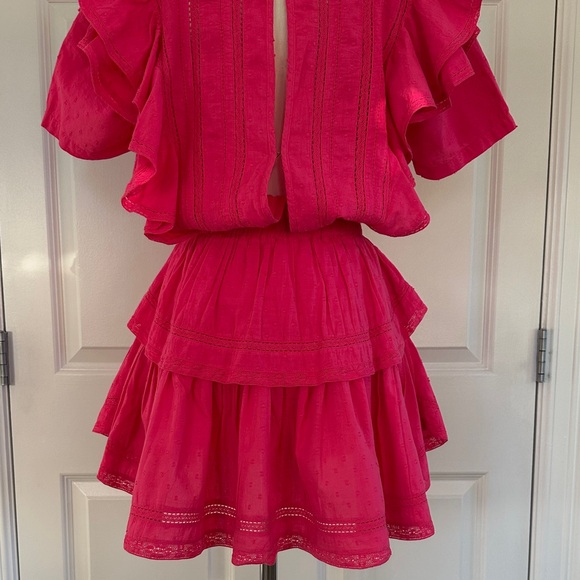 LoveShackFancy Natasha Watermelon Ice Pink Ruffle Lace Trim Mini Dress Size M - Picture 11 of 14